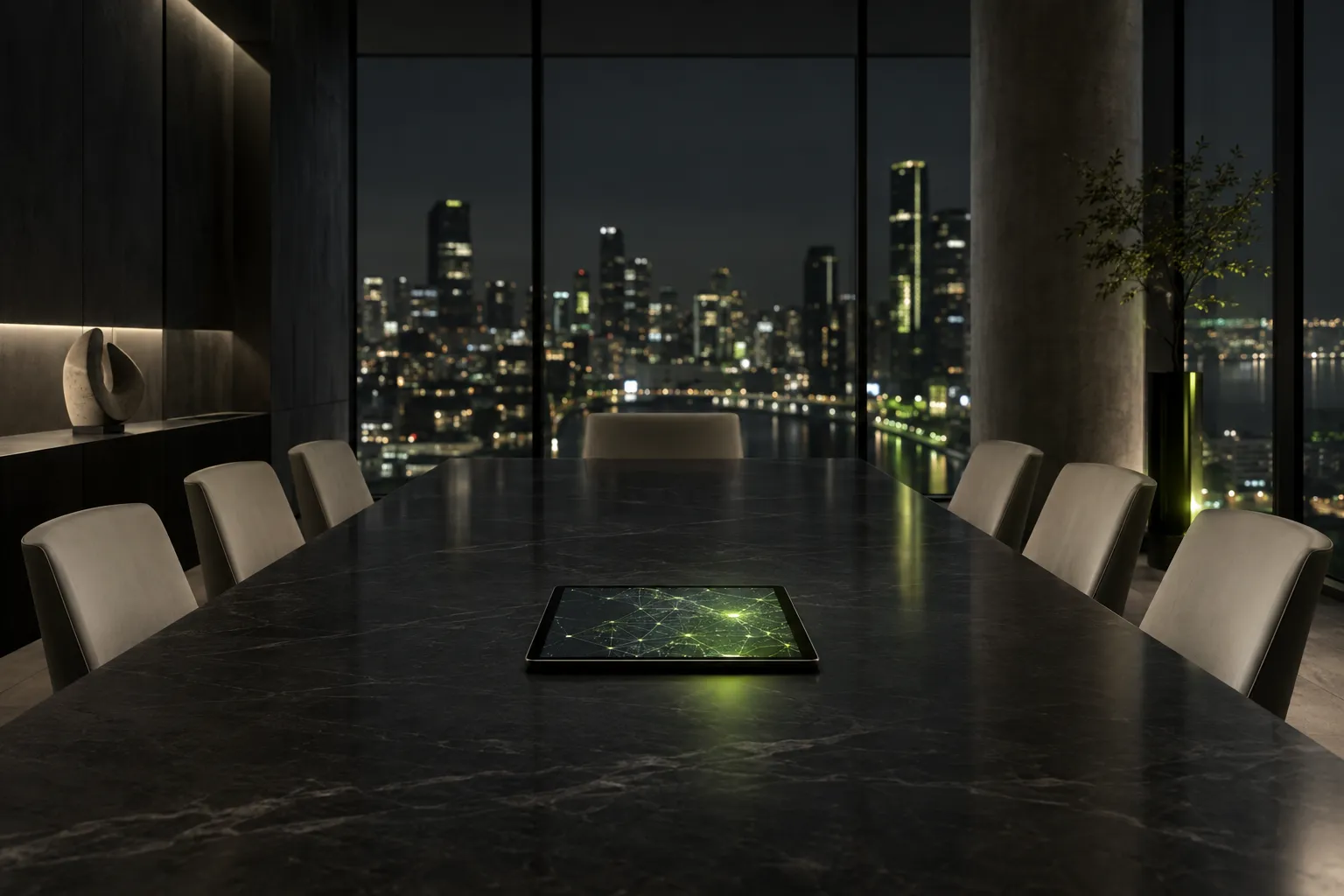 A quiet boardroom at night with a tablet glowing with a network map