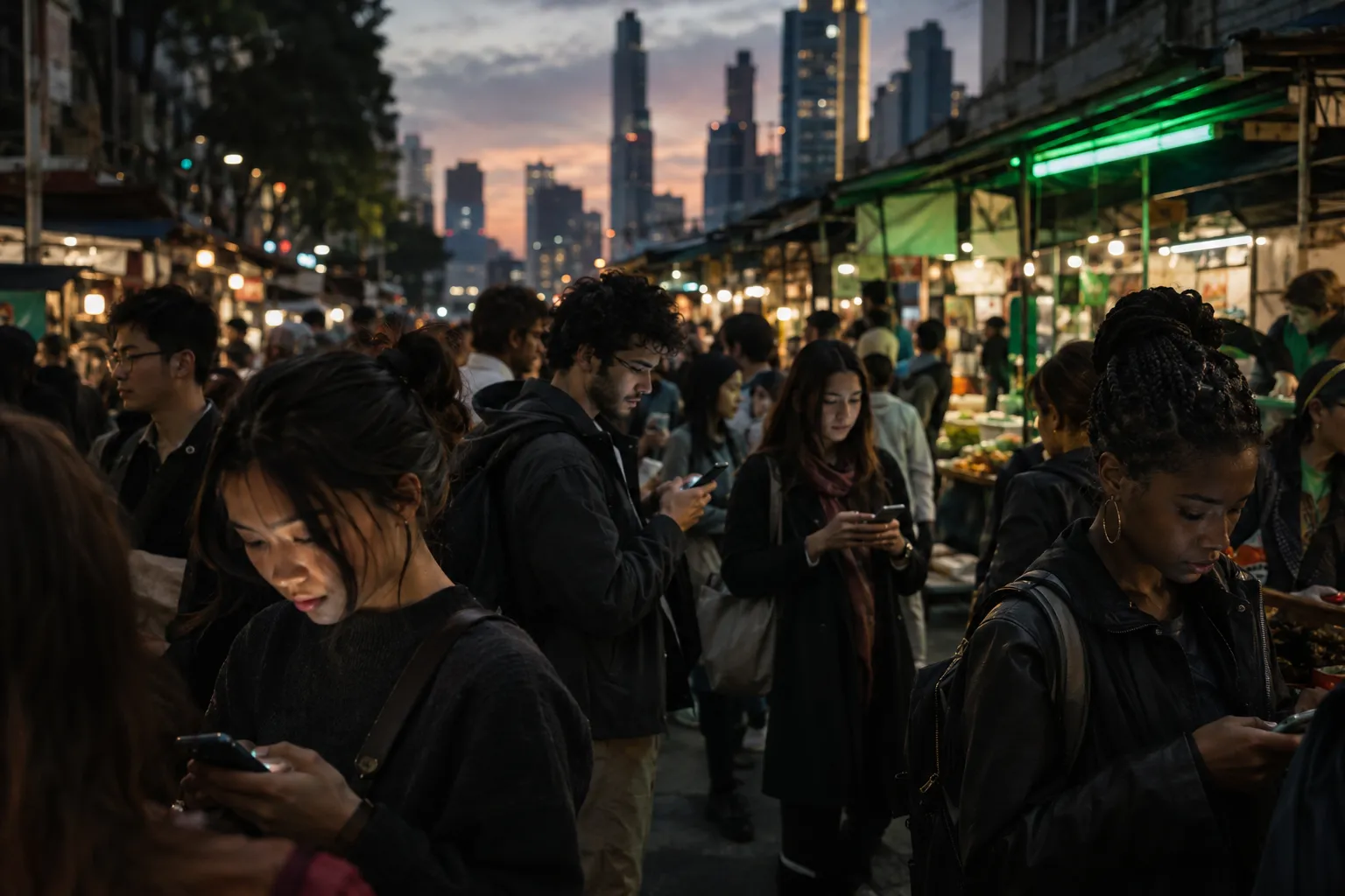 A crowded evening street market where young people look at their phones